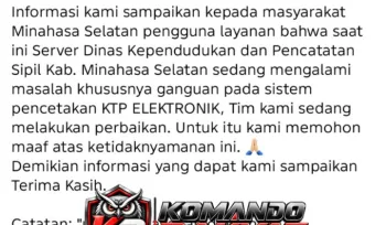 Postingan permohonan maaf perbaikan server di akun Facebook Dukcapil Minsel. (dok.ist)